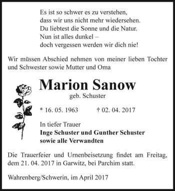 Traueranzeige von Marion Sanow (geb. Schuster)  von Magdeburger Volksstimme
