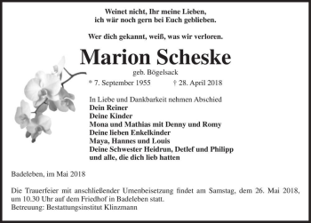 Traueranzeige von Marion Scheske (geb. Bögelsack)  von Magdeburger Volksstimme