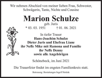 Traueranzeige von Marion Schulze (geb. Juris)  von Magdeburger Volksstimme
