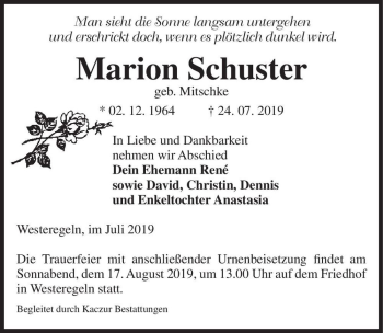 Traueranzeige von Marion Schuster (geb. Mitschke)  von Magdeburger Volksstimme