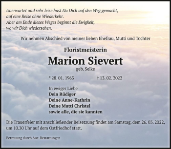 Traueranzeige von Marion Sievert (geb. Selke)  von Magdeburger Volksstimme