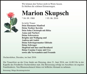 Traueranzeige von Marion Skupsch  von Magdeburger Volksstimme