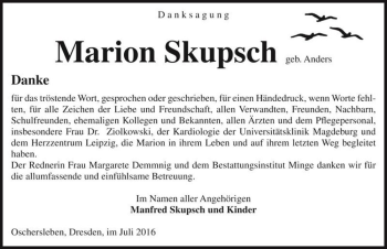 Traueranzeige von Marion Skupsch (geb. Anders)  von Magdeburger Volksstimme