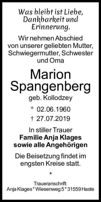 Traueranzeige von Marion Spangenberg (geb. Kollodzey)  von Magdeburger Volksstimme