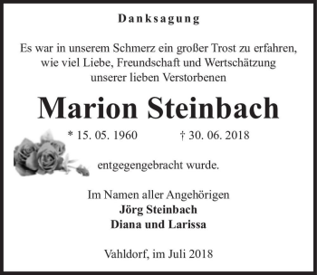 Traueranzeige von Marion Steinbach  von Magdeburger Volksstimme