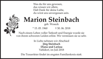 Traueranzeige von Marion Steinbach (geb. Woseck)  von Magdeburger Volksstimme