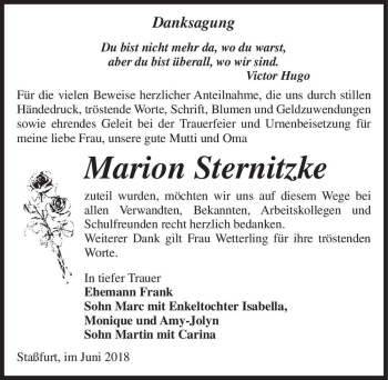 Traueranzeige von Marion Sternitzke  von Magdeburger Volksstimme