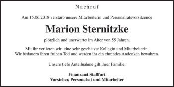 Traueranzeige von Marion Sternitzke  von Magdeburger Volksstimme