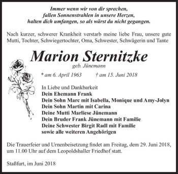 Traueranzeige von Marion Sternitzke (geb. Jünemann)  von Magdeburger Volksstimme