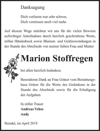Traueranzeige von Marion Stoffregen  von Magdeburger Volksstimme