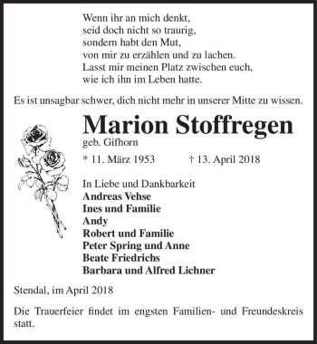 Traueranzeige von Marion Stoffregen (geb. Gifhorn)  von Magdeburger Volksstimme