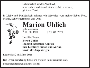 Traueranzeige von Marion Uhlich (geb. Ziemann)  von Magdeburger Volksstimme