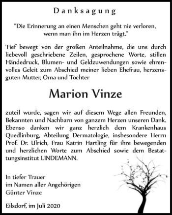 Traueranzeige von Marion Vinze  von Magdeburger Volksstimme