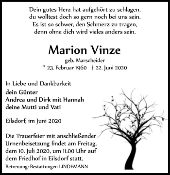 Traueranzeige von Marion Vinze (geb. Marscheider)  von Magdeburger Volksstimme