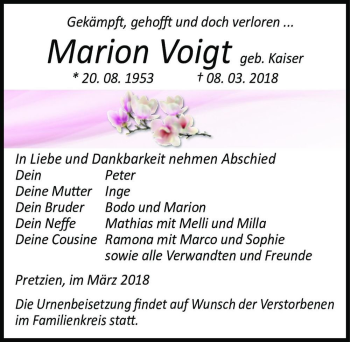 Traueranzeige von Marion Voigt (geb. Kaiser)  von Magdeburger Volksstimme