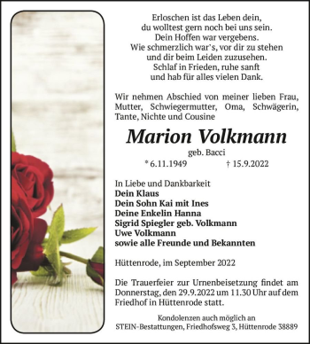 Traueranzeige von Marion Volkmann (geb. Bacci)  von Magdeburger Volksstimme