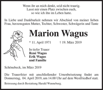 Traueranzeige von Marion Wagus  von Magdeburger Volksstimme