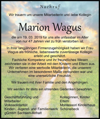 Traueranzeige von Marion Wagus  von Magdeburger Volksstimme