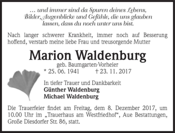 Traueranzeige von Marion Waldenburg (geb. Baumgarten-Vorheier)  von Magdeburger Volksstimme
