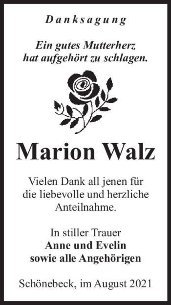 Traueranzeige von Marion Walz  von Magdeburger Volksstimme