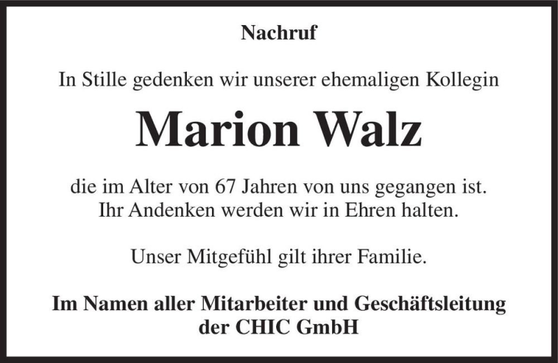  Traueranzeige für Marion Walz  vom 31.07.2021 aus Magdeburger Volksstimme