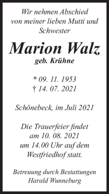 Traueranzeige von Marion Walz (geb. Krühne)  von Magdeburger Volksstimme