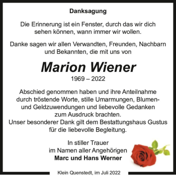 Traueranzeige von Marion Wiener  von Magdeburger Volksstimme
