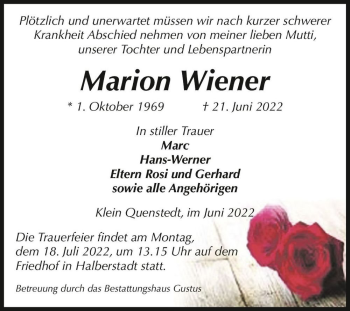 Traueranzeige von Marion Wiener  von Magdeburger Volksstimme