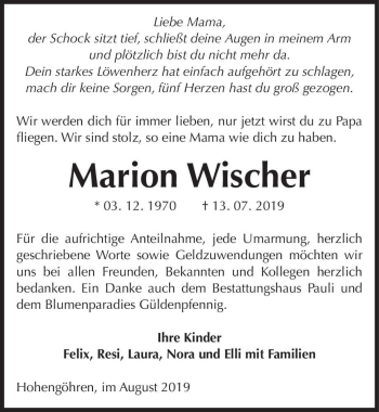 Traueranzeige von Marion Wischer  von Magdeburger Volksstimme