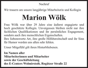 Traueranzeige von Marion Wölk  von Magdeburger Volksstimme