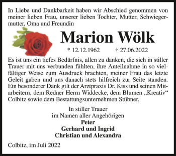 Traueranzeige von Marion Wölk  von Magdeburger Volksstimme