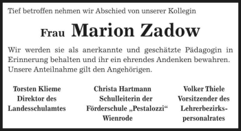 Traueranzeige von Marion Zadow  von Magdeburger Volksstimme