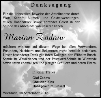 Traueranzeige von Marion Zadow  von Magdeburger Volksstimme
