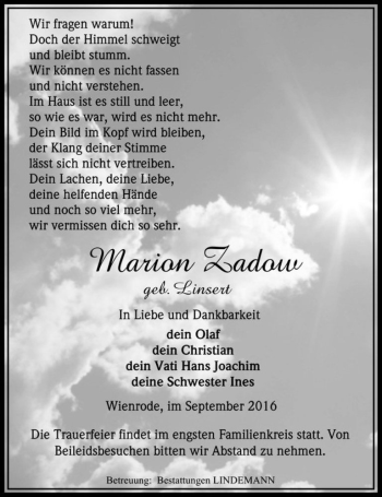 Traueranzeige von Marion Zadow (geb. Linsert)  von Magdeburger Volksstimme