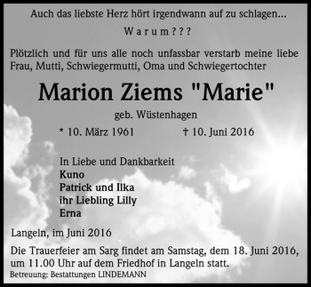 Traueranzeige von Marion Ziems 