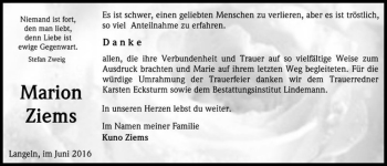 Traueranzeige von Marion Ziems  von Magdeburger Volksstimme