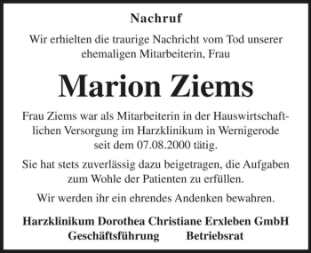 Traueranzeige von Marion Ziems  von Magdeburger Volksstimme