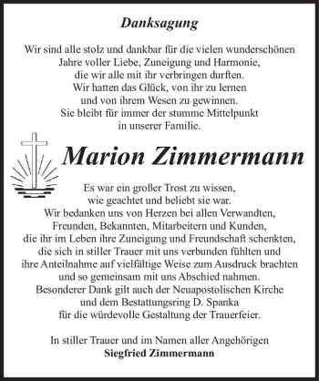 Traueranzeige von Marion Zimmermann  von Magdeburger Volksstimme