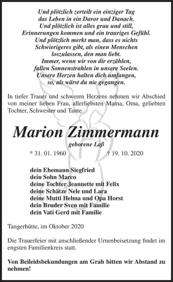 Traueranzeige von Marion Zimmermann (geb. Laß)  von Magdeburger Volksstimme