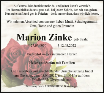 Traueranzeige von Marion Zinke (geb. Prahl)  von Magdeburger Volksstimme