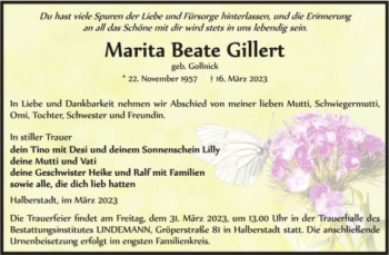 Traueranzeige von Marita Beate Gillert (geb. Gollnick)  von Magdeburger Volksstimme