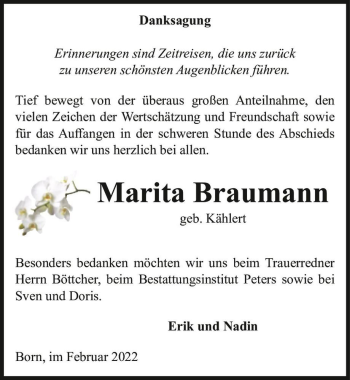 Traueranzeige von Marita Braumann (geb. Kählert)  von Magdeburger Volksstimme