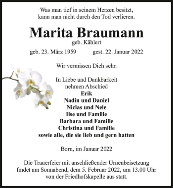 Traueranzeige von Marita Braumann (geb. Kählert)  von Magdeburger Volksstimme