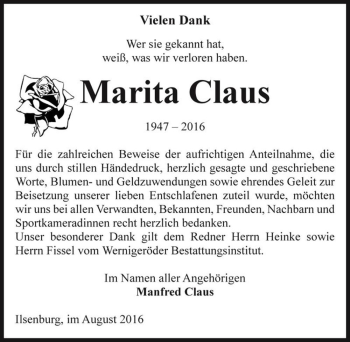 Traueranzeige von Marita Claus  von Magdeburger Volksstimme