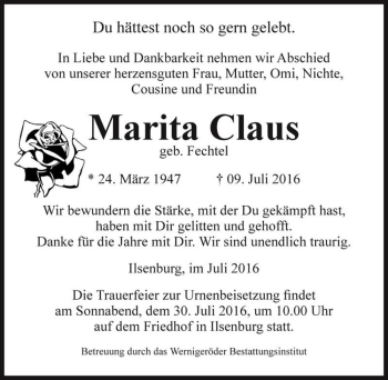 Traueranzeige von Marita Claus (geb. Fechtel)  von Magdeburger Volksstimme