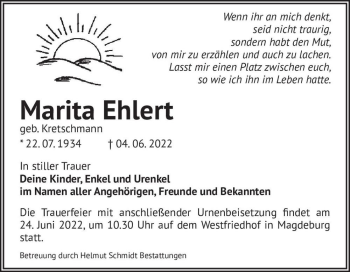 Traueranzeige von Marita Ehlert (geb. Kretschmann)  von Magdeburger Volksstimme