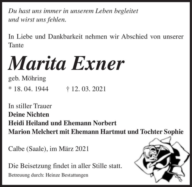  Traueranzeige für Marita Exner (geb. Möhring)  vom 20.03.2021 aus Magdeburger Volksstimme