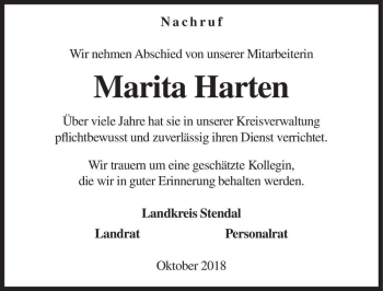 Traueranzeige von Marita Harten  von Magdeburger Volksstimme