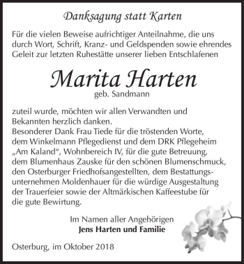 Traueranzeige von Marita Harten (geb. Sandmann)  von Magdeburger Volksstimme