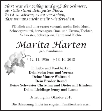 Traueranzeige von Marita Harten (geb. Sandmann)  von Magdeburger Volksstimme